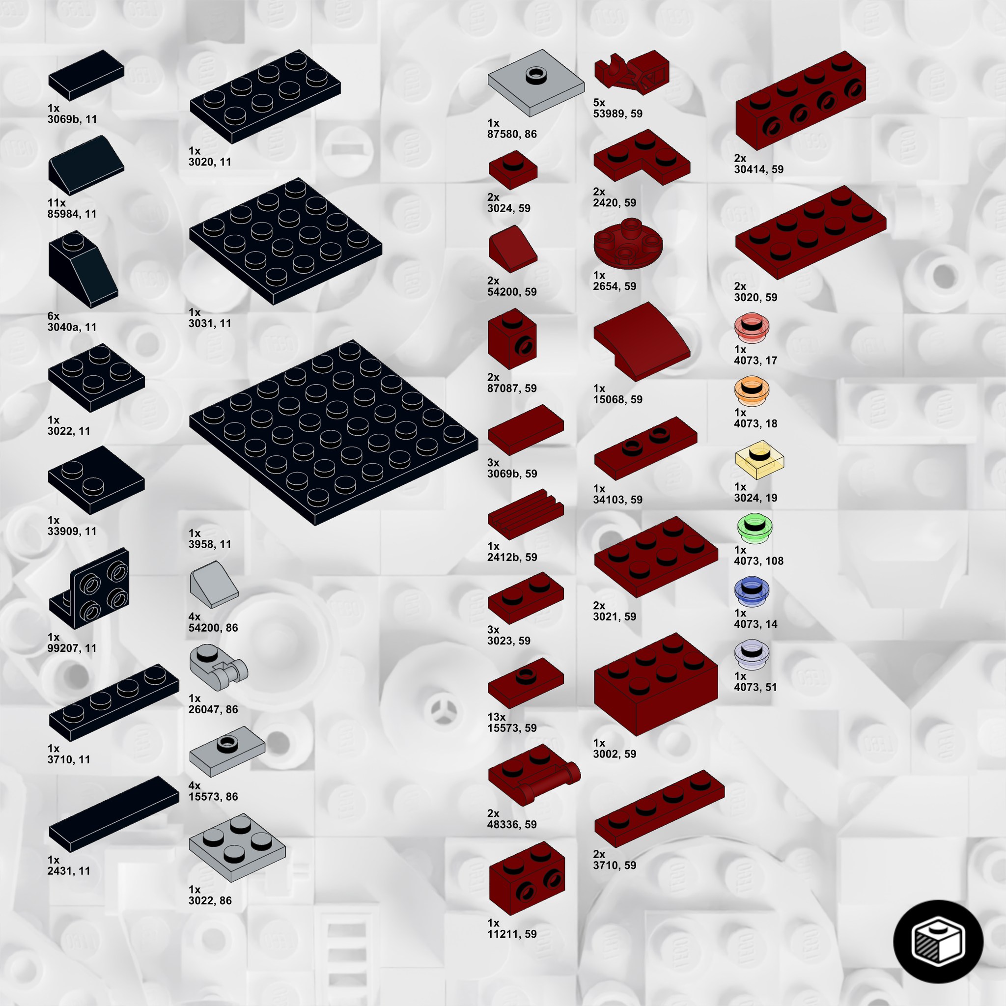 Bill of pieces for the mini LEGO version of the Marvel Iron Man, Nano Gauntlet
