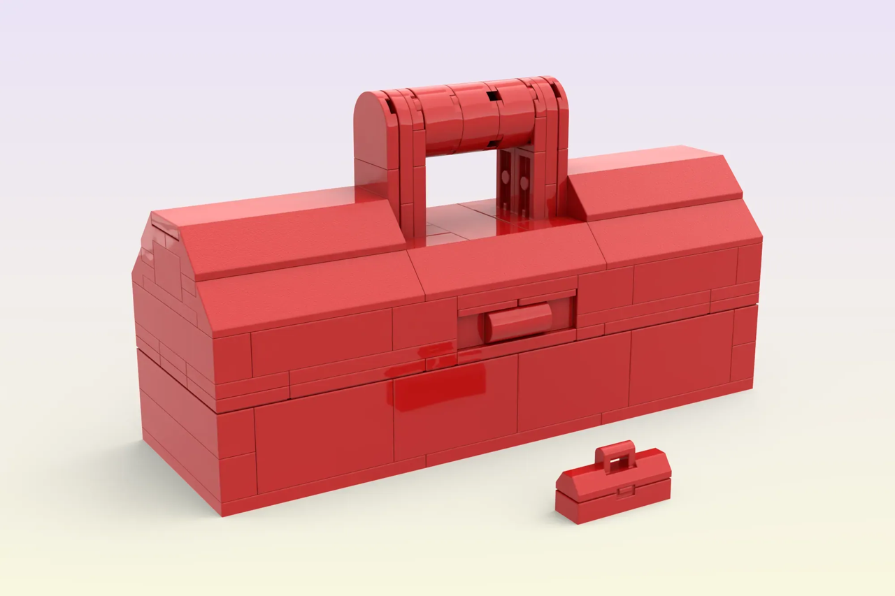 Fan builder luc.afol designed an upscaled LEGO® toolbox filled with brick-themed tools.