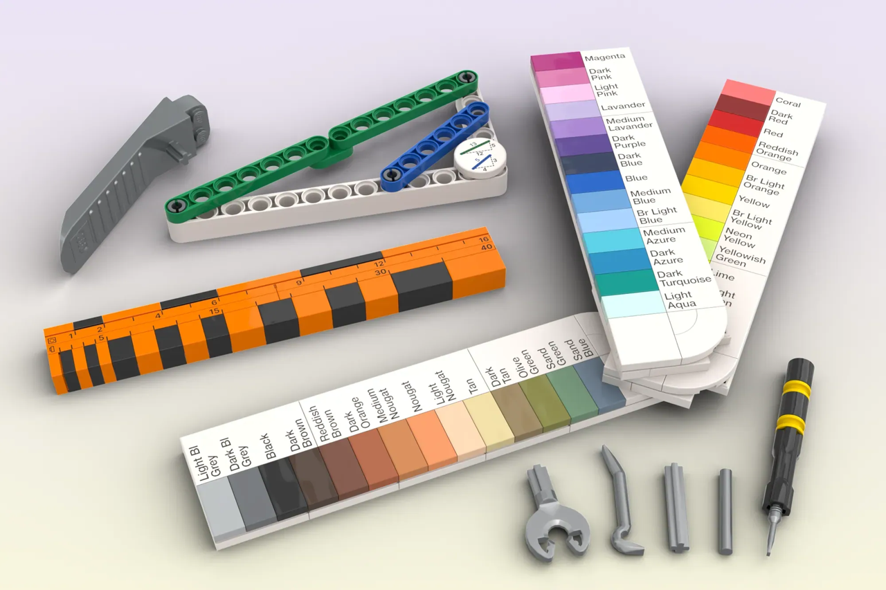 Fan builder luc.afol designed an upscaled LEGO® toolbox filled with brick-themed tools.