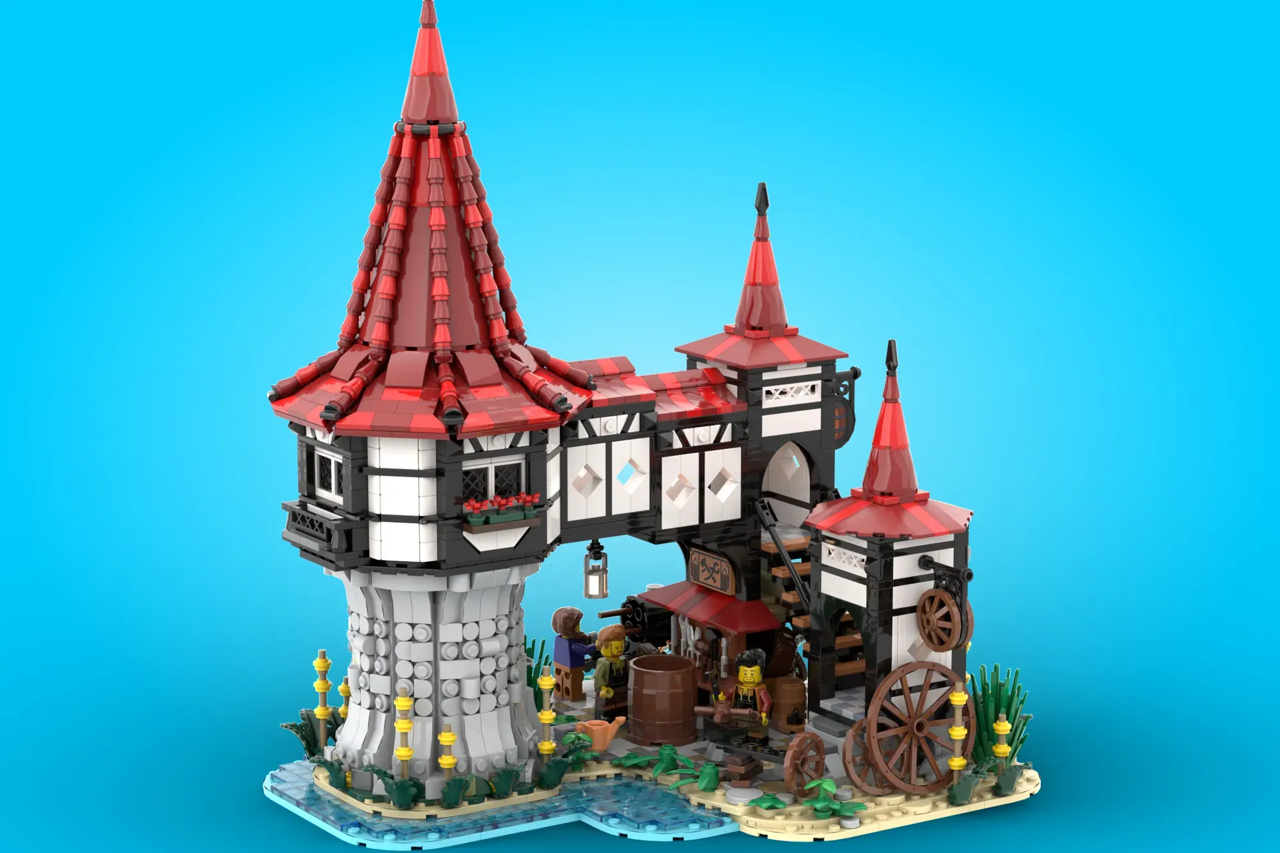 A medieval LEGO® build showing the trades of coopers and wheelwrights.