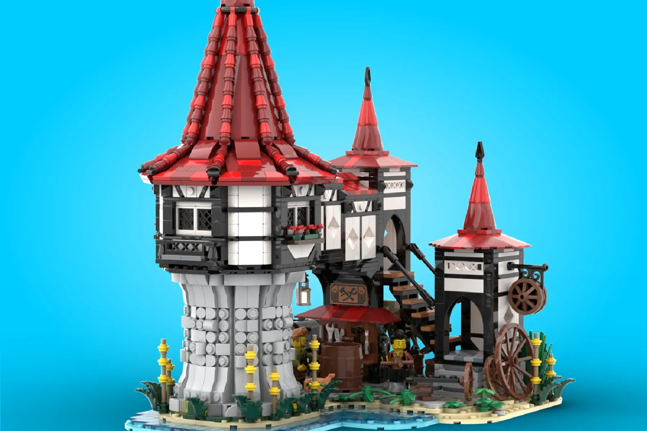 A medieval LEGO® build showing the trades of coopers and wheelwrights.