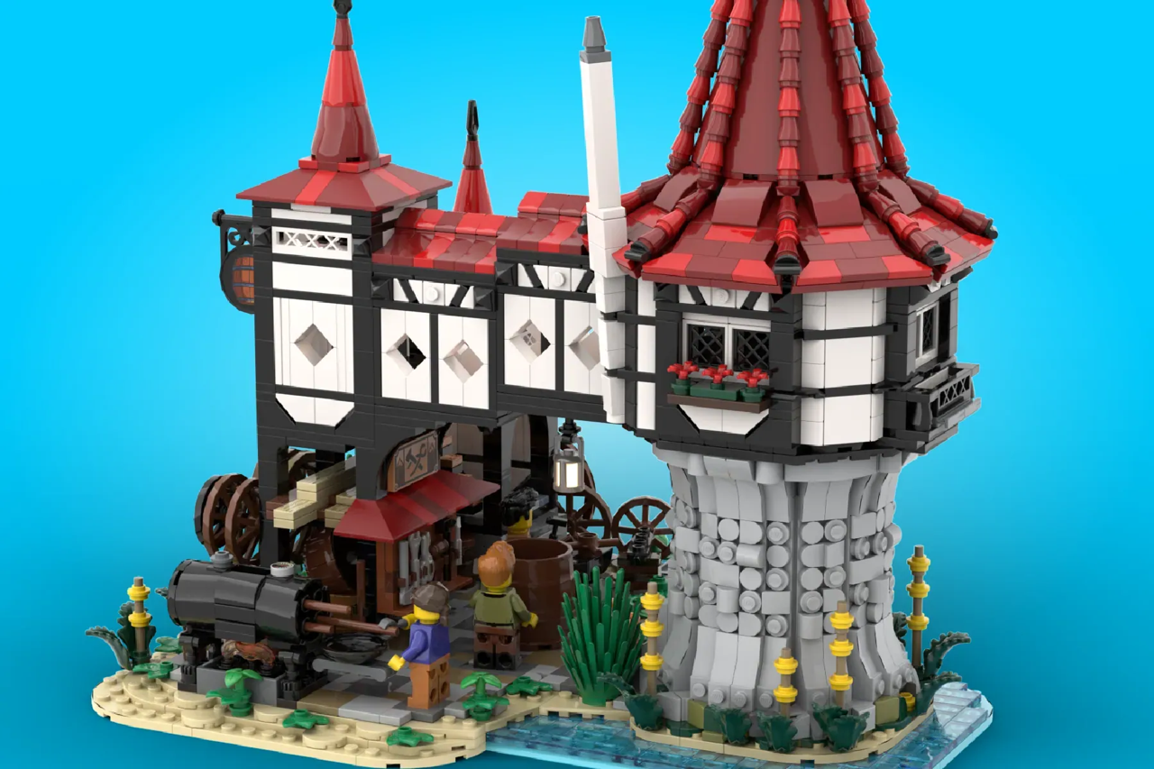 A medieval LEGO® build showing the trades of coopers and wheelwrights.