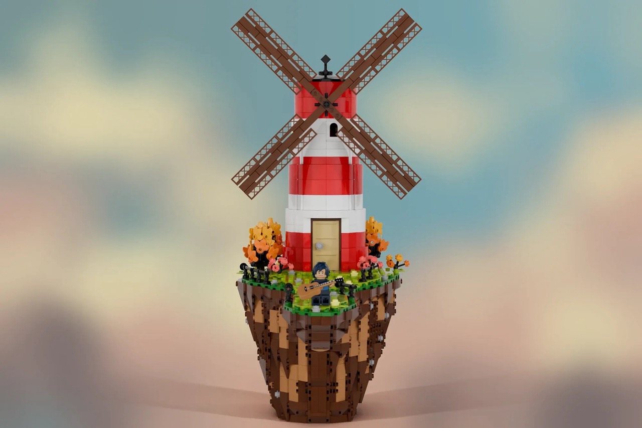 Fan design reimagines the Gorillaz Flying Windmill Island from Feel Good Inc. as a LEGO® display set.