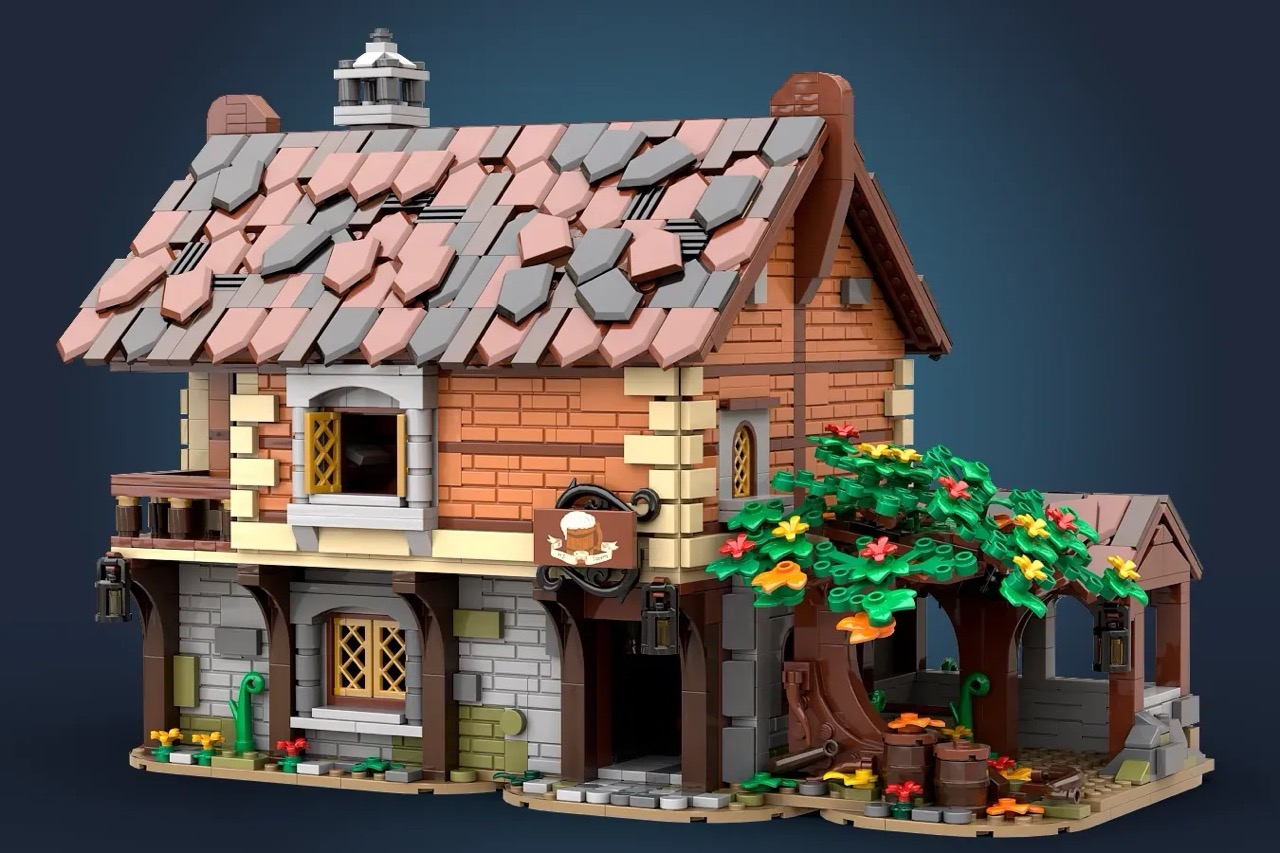 A LEGO® Ideas project is a Medieval Tavern with 2498 pieces and 6 minifigures recreates the heart of a medieval village.