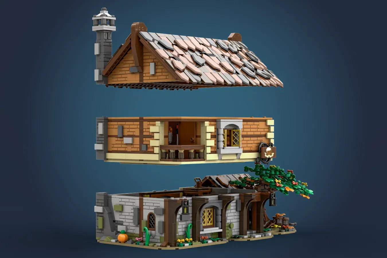 A LEGO® Ideas project is a Medieval Tavern with 2498 pieces and 6 minifigures recreates the heart of a medieval village.