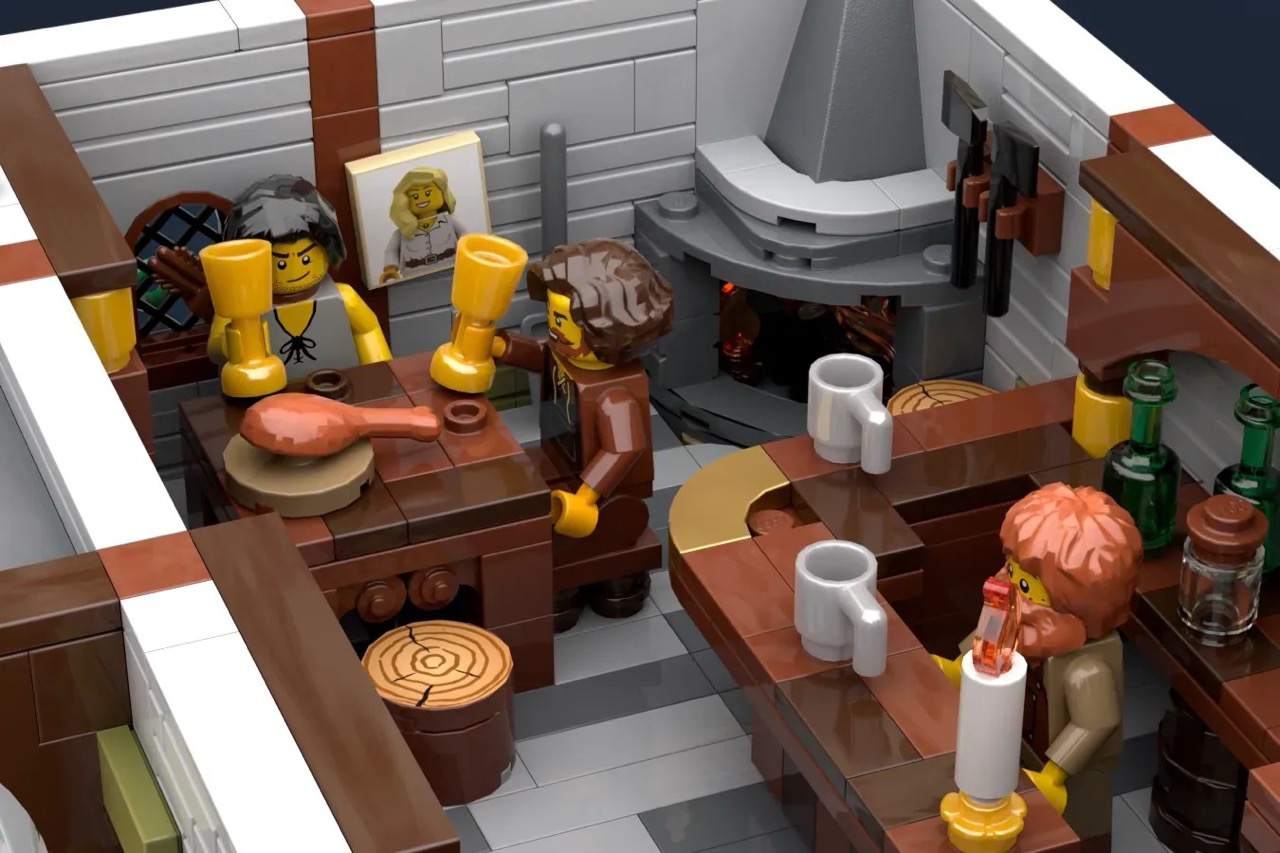 A LEGO® Ideas project is a Medieval Tavern with 2498 pieces and 6 minifigures recreates the heart of a medieval village.