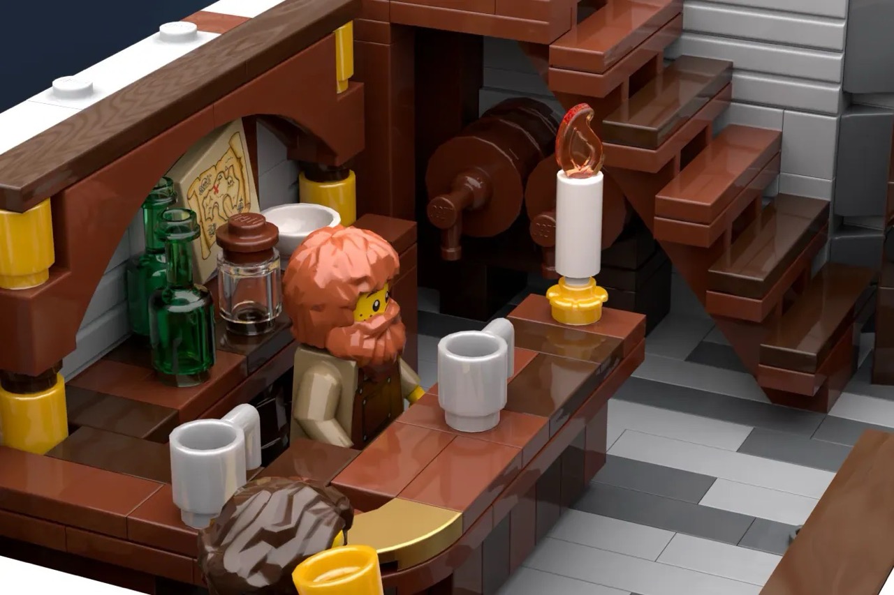 A LEGO® Ideas project is a Medieval Tavern with 2498 pieces and 6 minifigures recreates the heart of a medieval village.