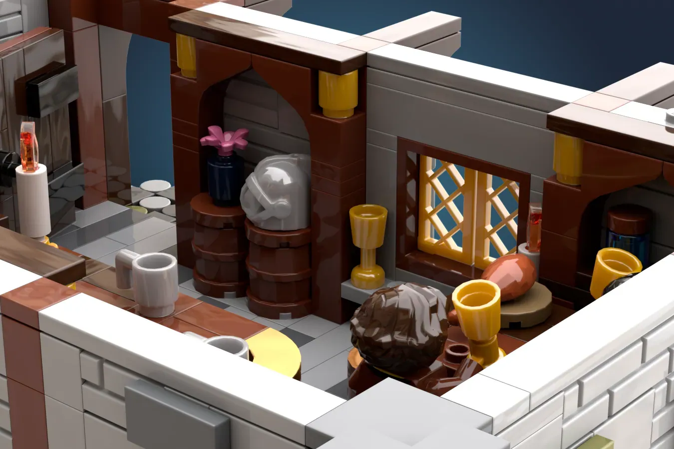 A LEGO® Ideas project is a Medieval Tavern with 2498 pieces and 6 minifigures recreates the heart of a medieval village.
