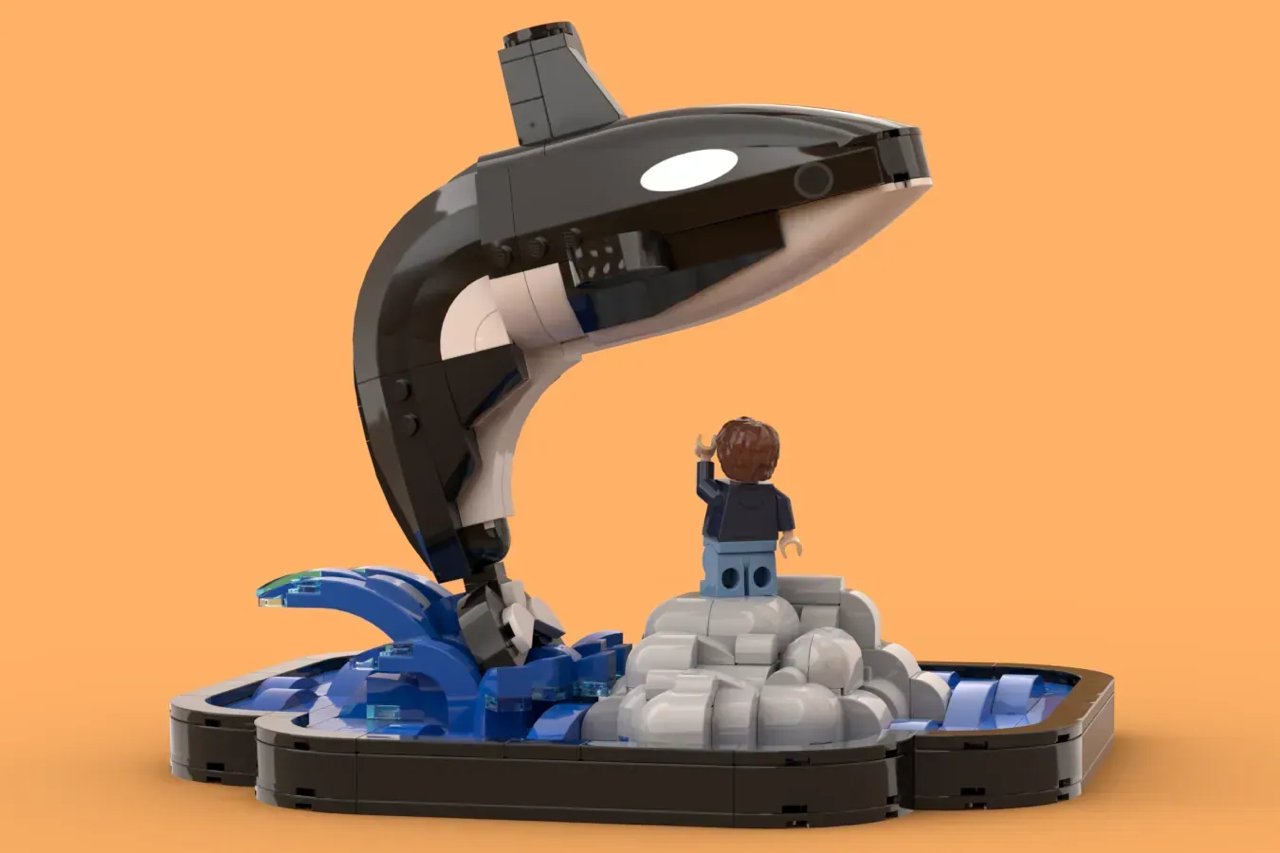A LEGO® diorama recreates the iconic whale leap from Free Willy (1993).