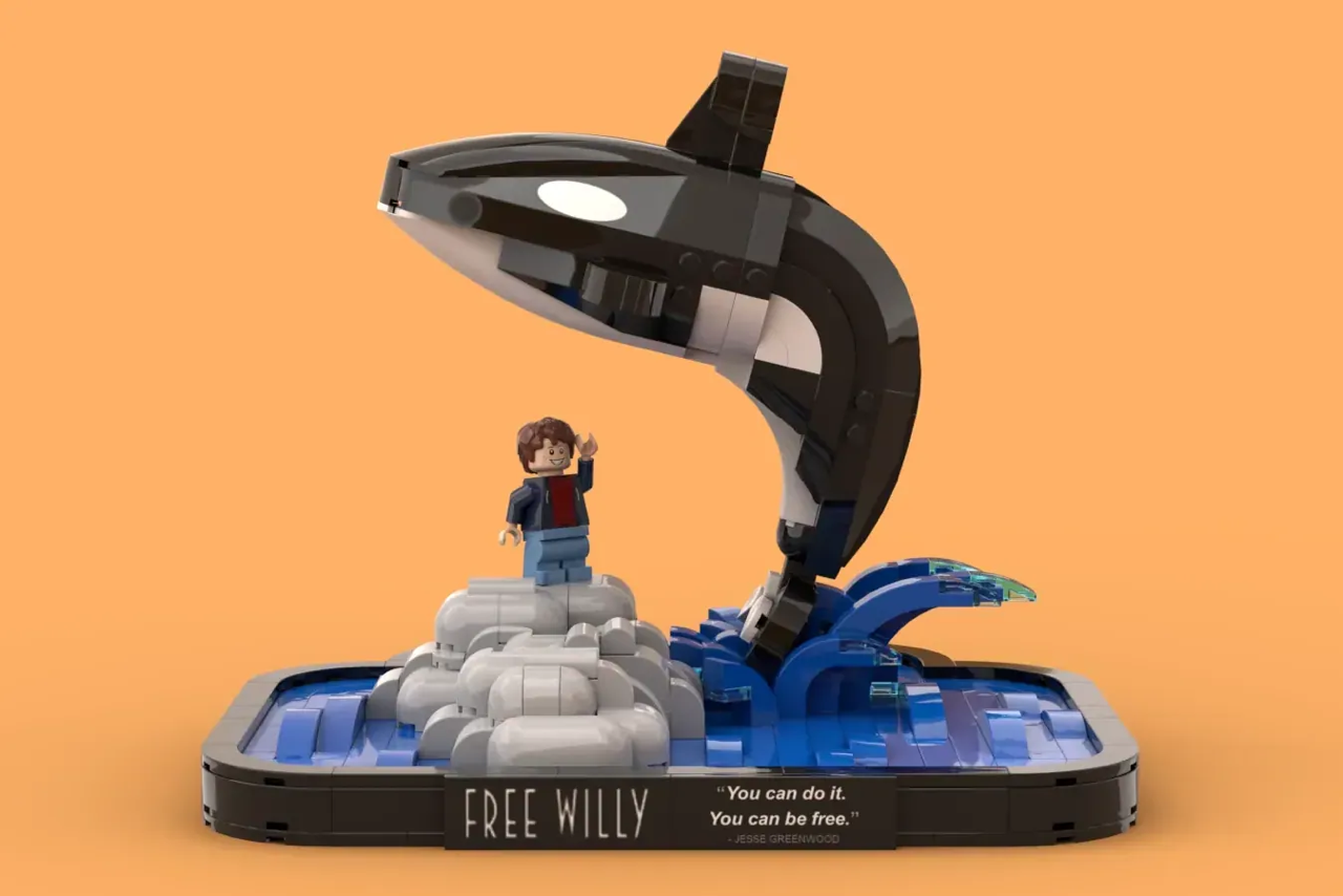 A LEGO® diorama recreates the iconic whale leap from Free Willy (1993).