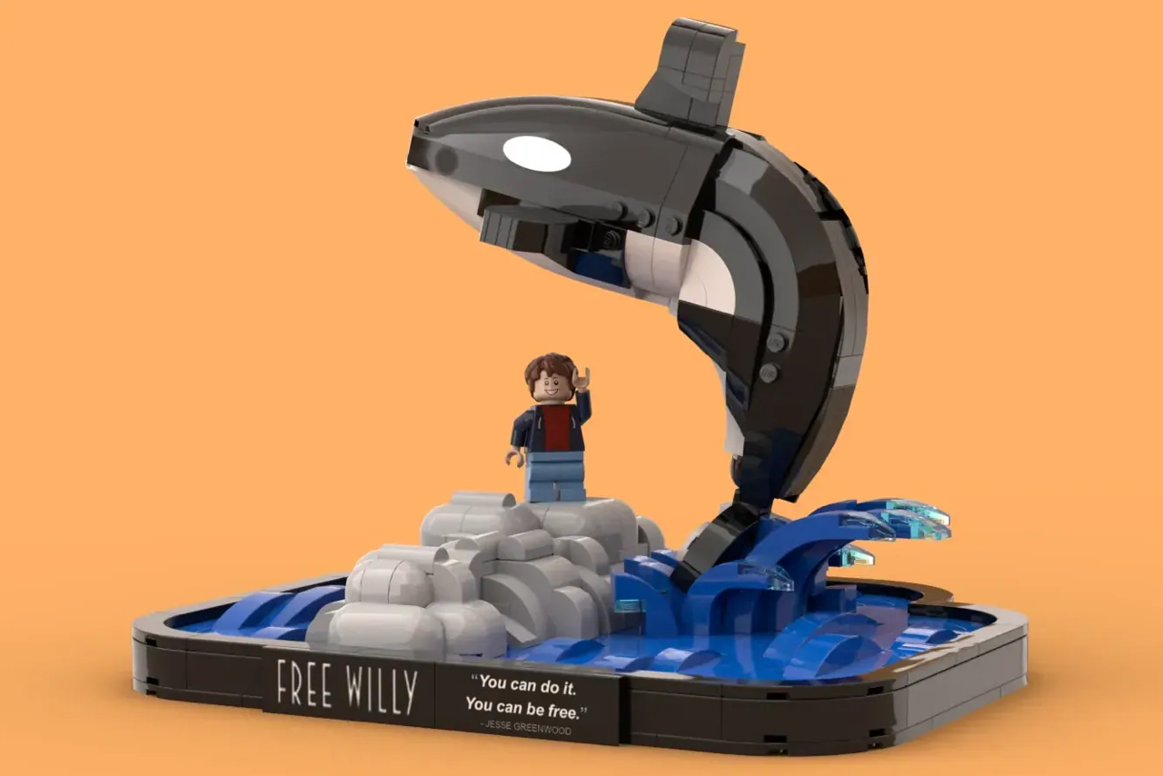 A LEGO® diorama recreates the iconic whale leap from Free Willy (1993).
