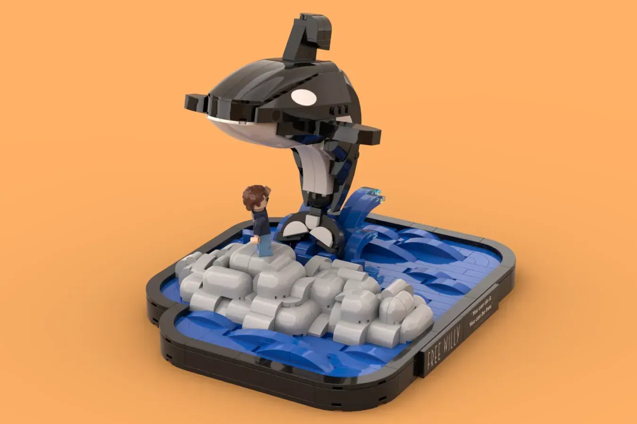 A LEGO® diorama recreates the iconic whale leap from Free Willy (1993).