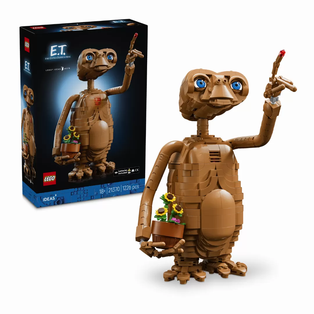 LEGO 21370 E.T. the Extra-Terrestrial set with tan brick-built E.T. figure holding a potted flower and glowing blue eyes.