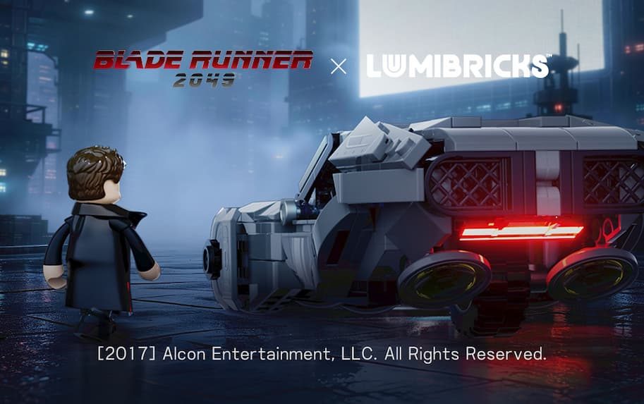 LEGO minifigure K stands beside a neon red Spinner vehicle from Blade Runner 2049 in futuristic cityscape.