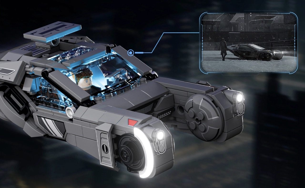 LEGO Blade Runner 2049 K's Spinner with illuminated blue components, detailed cutaway view, and film scene inset.