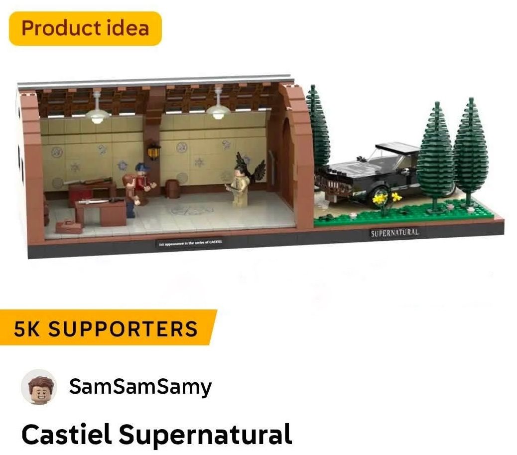 LEGO Ideas Castiel Supernatural set with interior room, minifigures, and black car with trees.