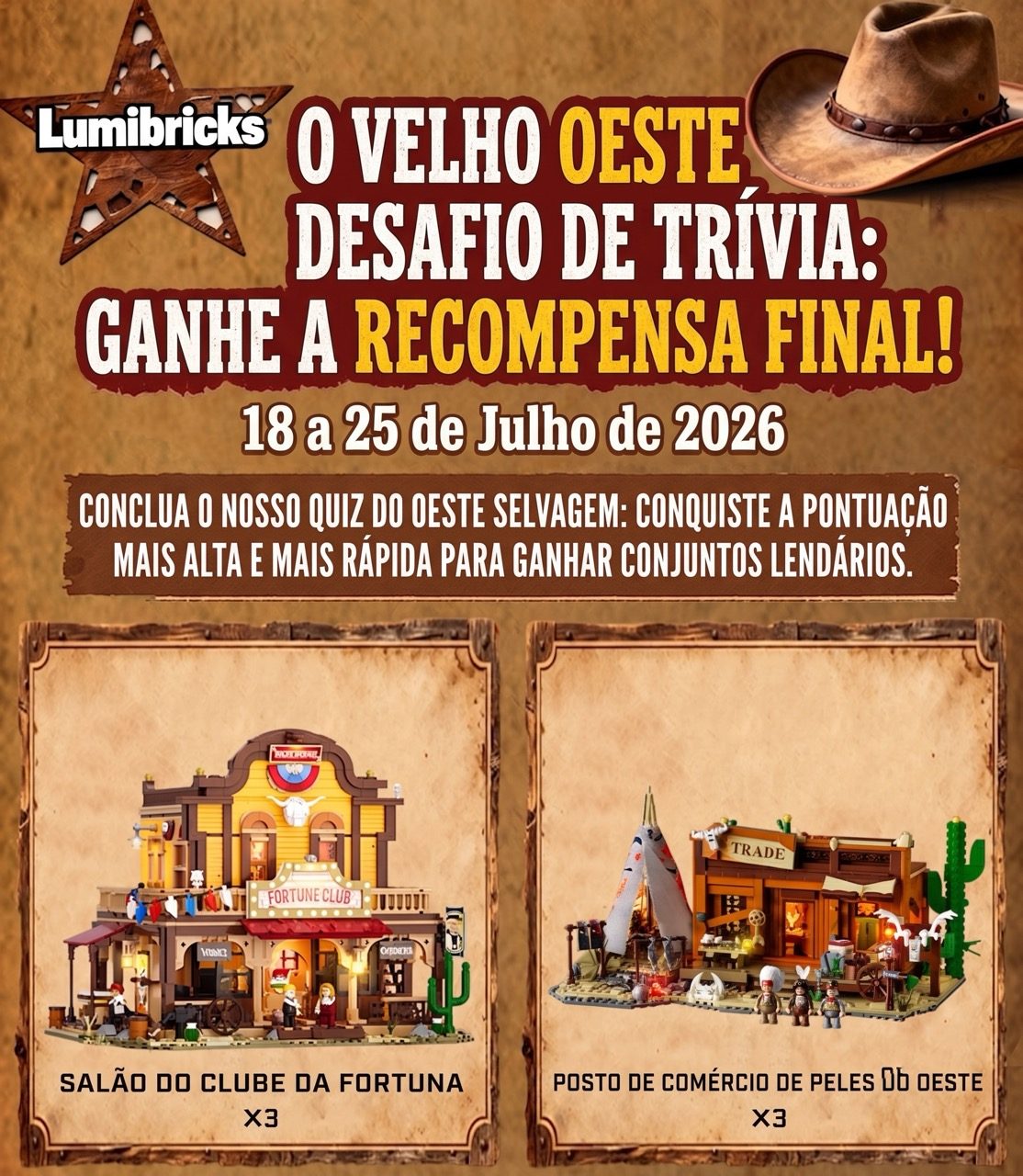 Lumibricks Old West trivia promotion poster featuring Fortune Club building and Western Trade Post set with exclusive rewa…