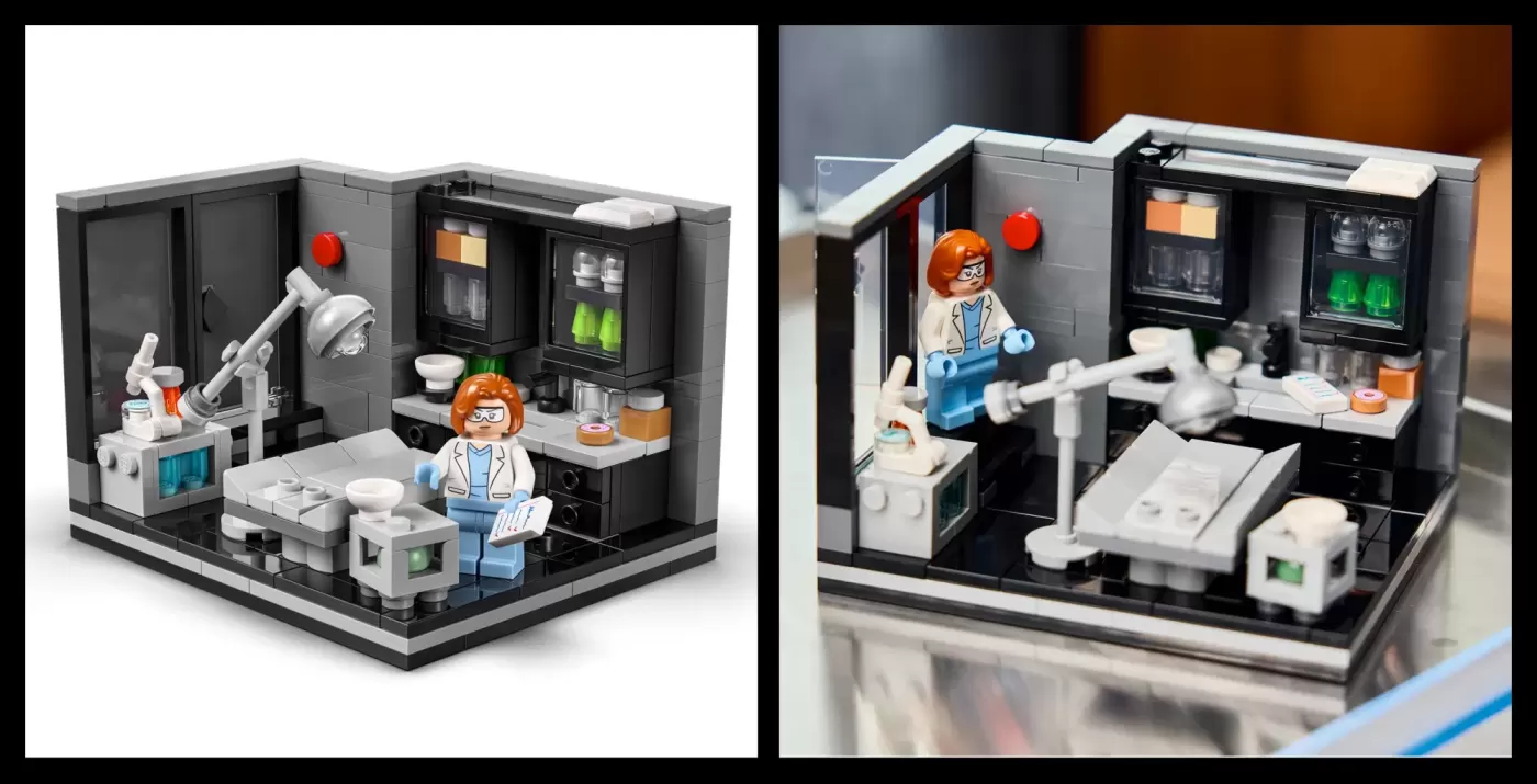 LEGO Ideas The X-Files Set 21369 featuring a dental office with minifigure and detailed furniture.