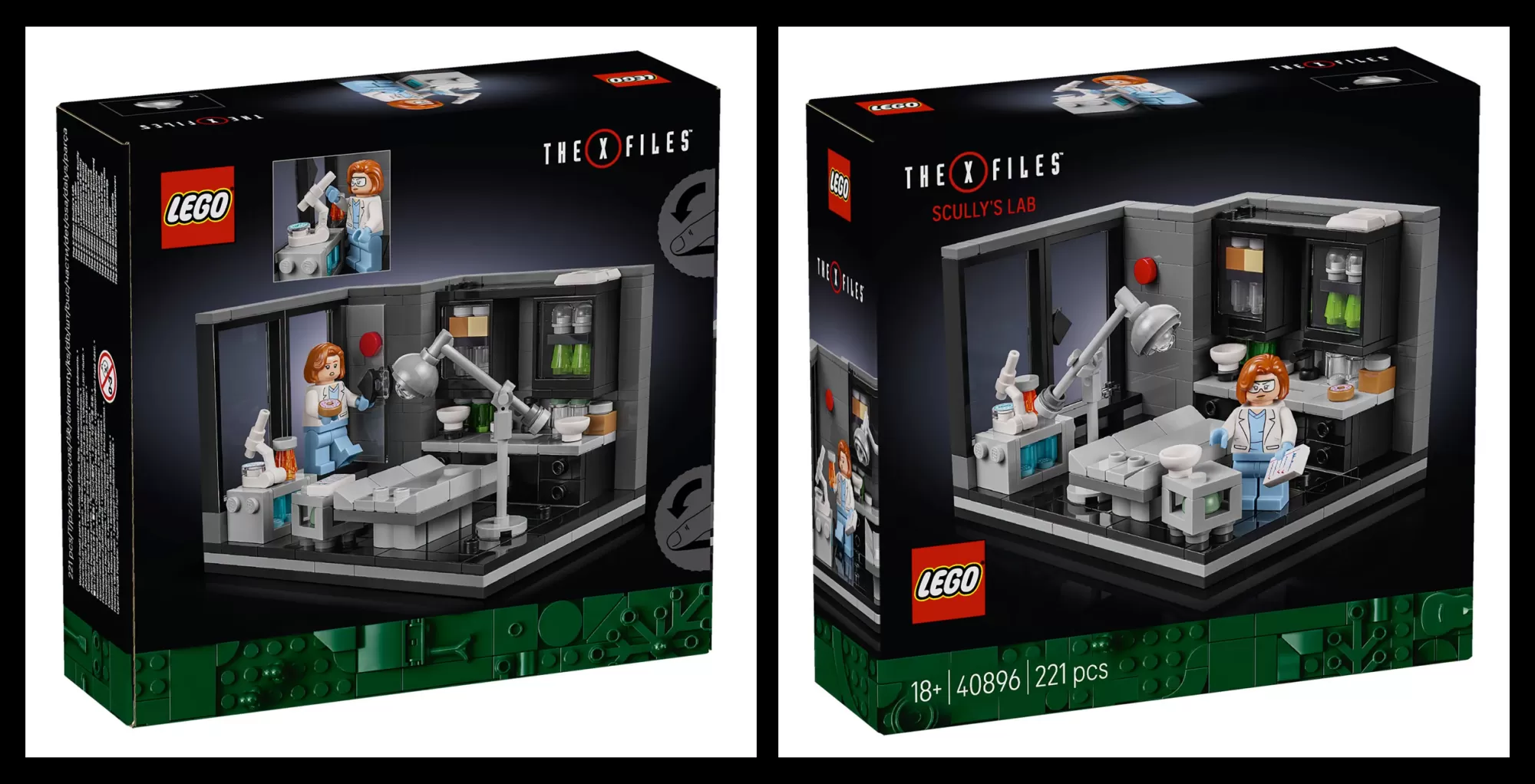 LEGO The X-Files sets 21369 and 40896 featuring Scully's Lab with minifigures and detailed laboratory equipment.