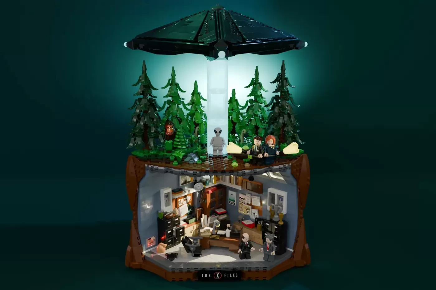 LEGO X-Files set featuring UFO, forest scene, FBI office, minifigures, and alien, 2020 pieces.