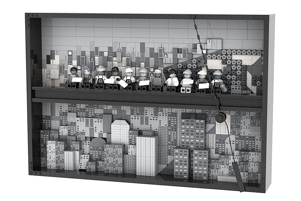 LEGO set featuring minifigures on a skyscraper roof with cityscape backdrop and construction crane details.