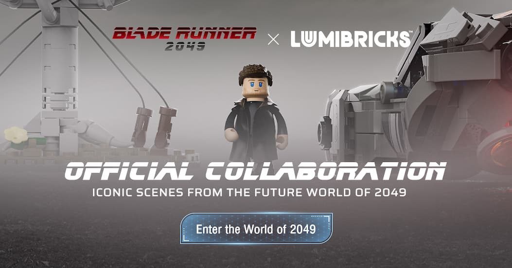 LEGO minifigure of K in black coat stands before futuristic Blade Runner 2049 cityscape with spinner vehicle.