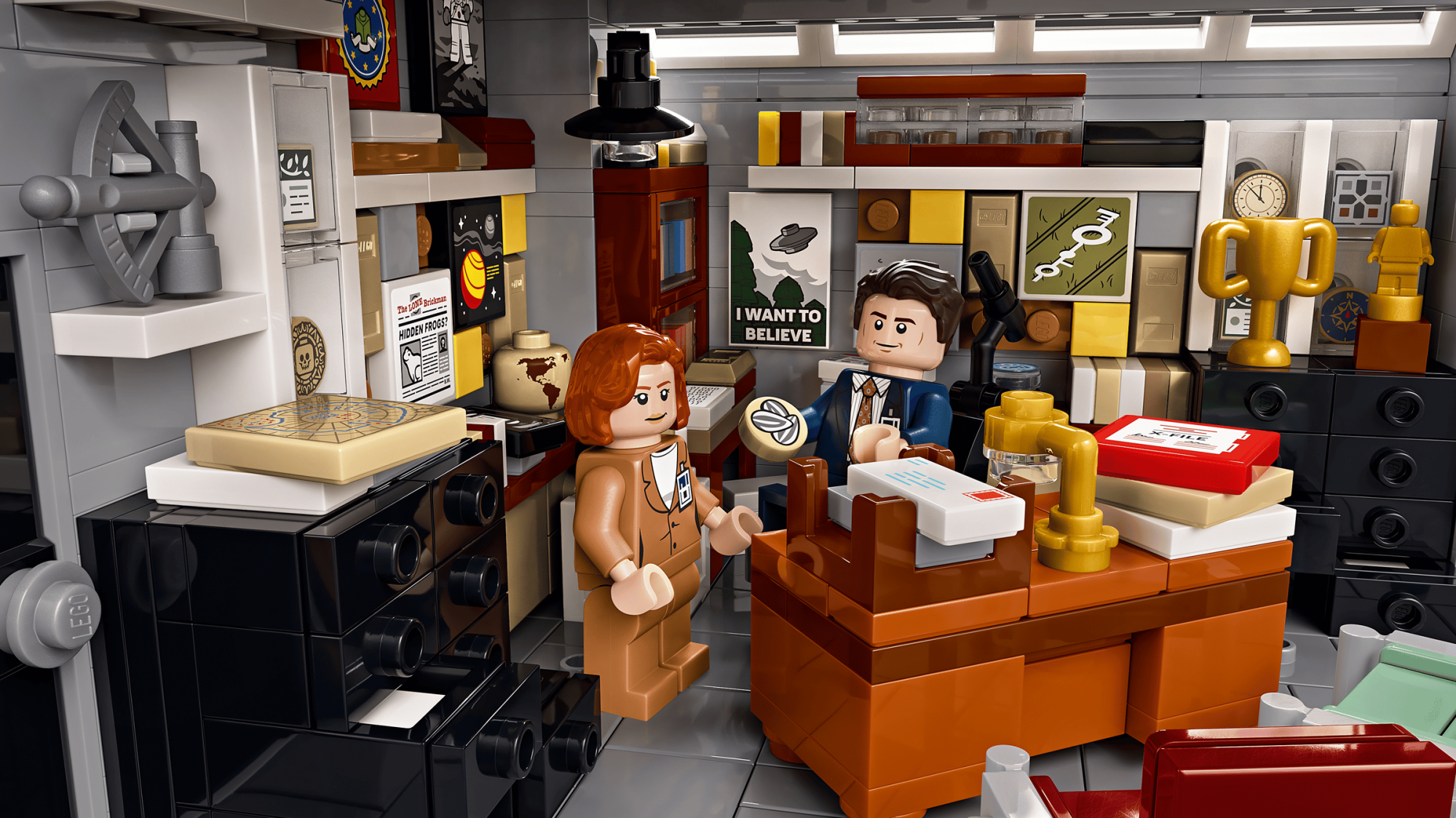 LEGO X-Files office set featuring Mulder and Scully minifigures at a desk with iconic posters and FBI memorabilia.