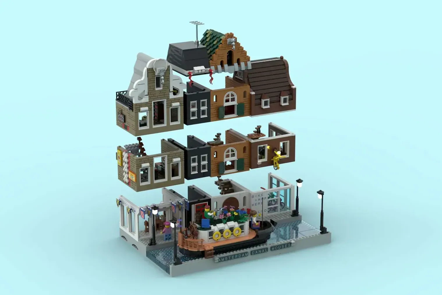 LEGO Amsterdam Canal Houses set with stacked modular buildings, canal boat, and minifigures on light blue background.