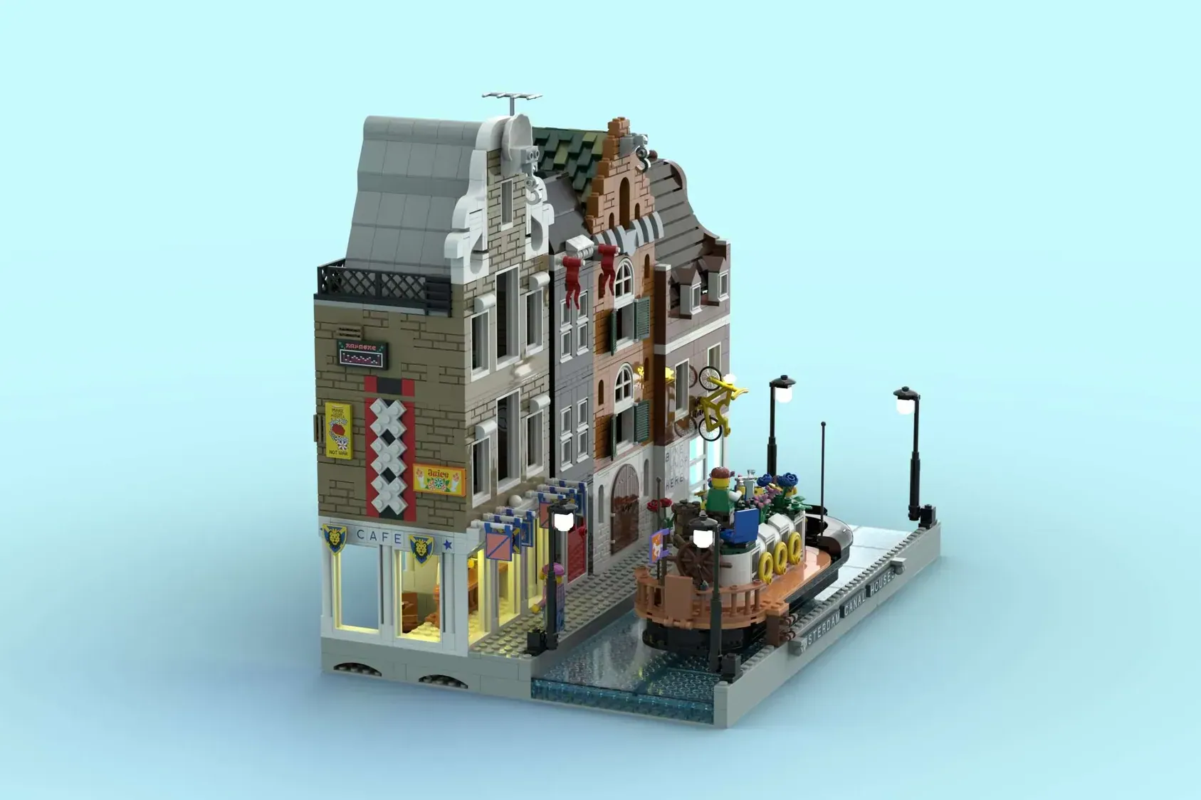 LEGO Amsterdam Canal Houses set featuring detailed modular buildings, minifigures, bicycles, and street-level café with ba…