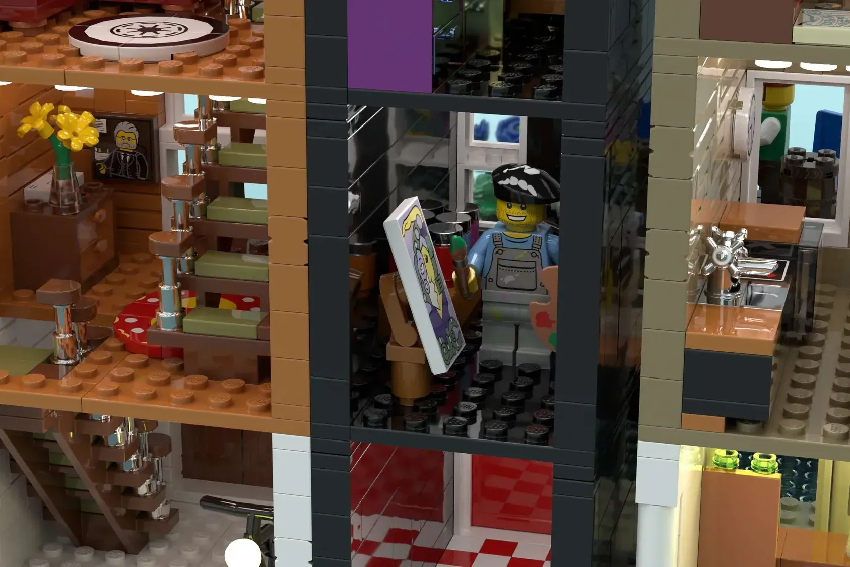 LEGO Amsterdam Canal Houses set showing detailed townhouse interiors with minifigures and period furnishings across connec…