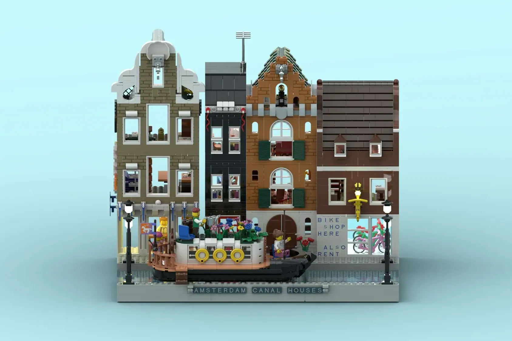 LEGO Amsterdam Canal Houses set with four detailed brick buildings, minifigures, and a canal baseplate.