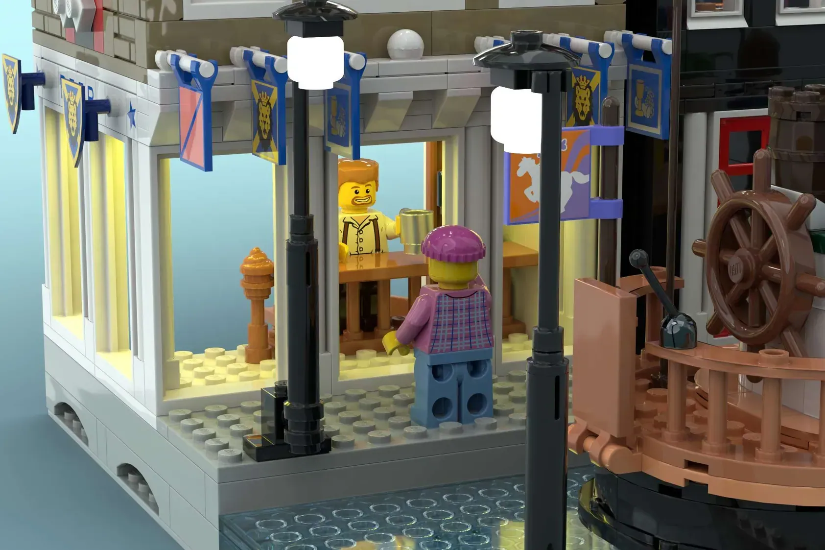 LEGO Amsterdam canal house set with minifigures, street lamps, and adjacent ship model on blue background.