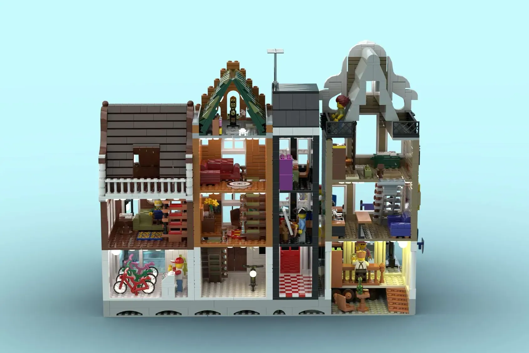 LEGO Amsterdam Canal Houses modular set with detailed storefronts, minifigures, and multi-level interiors across connected…