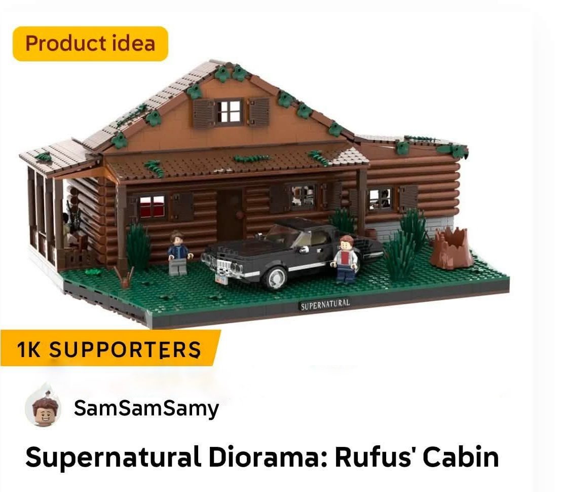 LEGO Supernatural diorama featuring Rufus' cabin with minifigures, black car, and detailed log cabin structure.