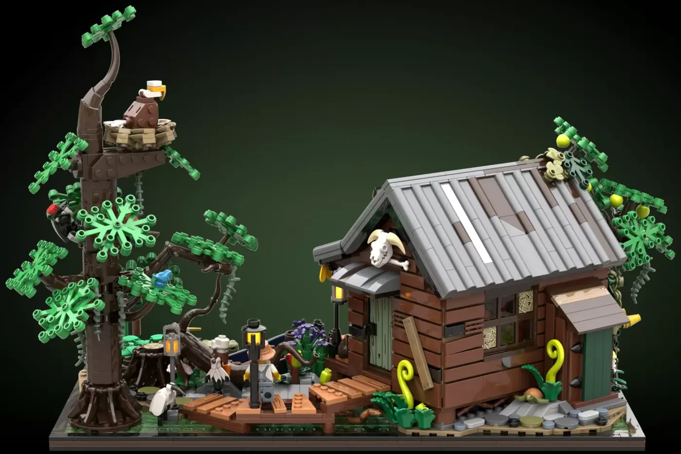 LEGO bayou scene with wooden cabin, twisted tree with glowing leaves, minifigures, and swamp creatures on green base.