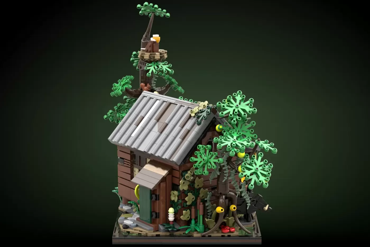 LEGO bayou cottage with corrugated roof, vines, glowing eyes, and swamp creatures on display base.