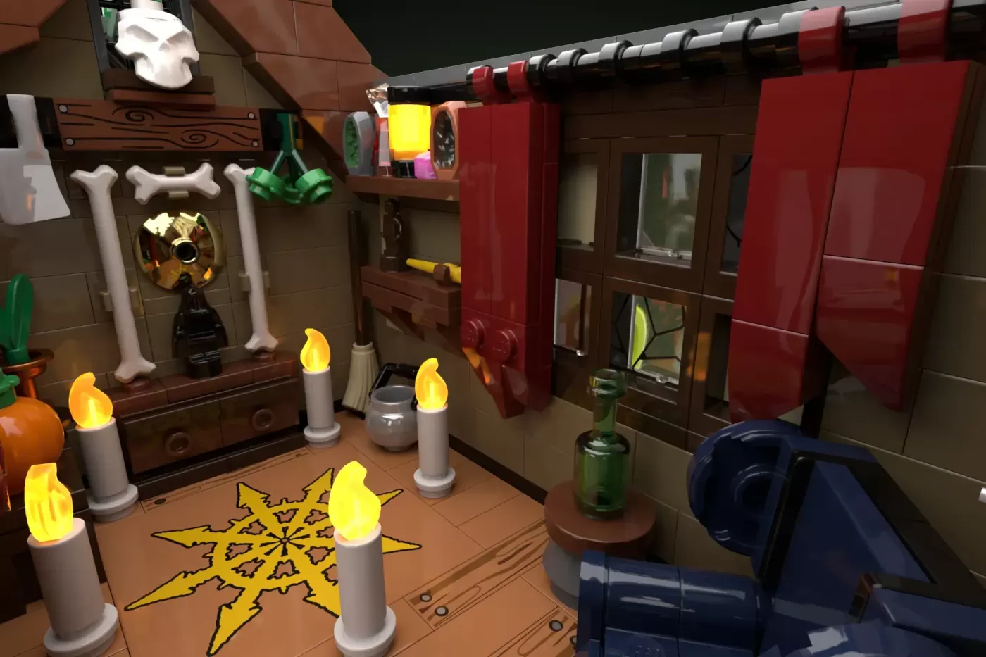 LEGO haunted swamp interior with lit candles, magical symbols, bones, potions, and mystical decorations on brown walls.