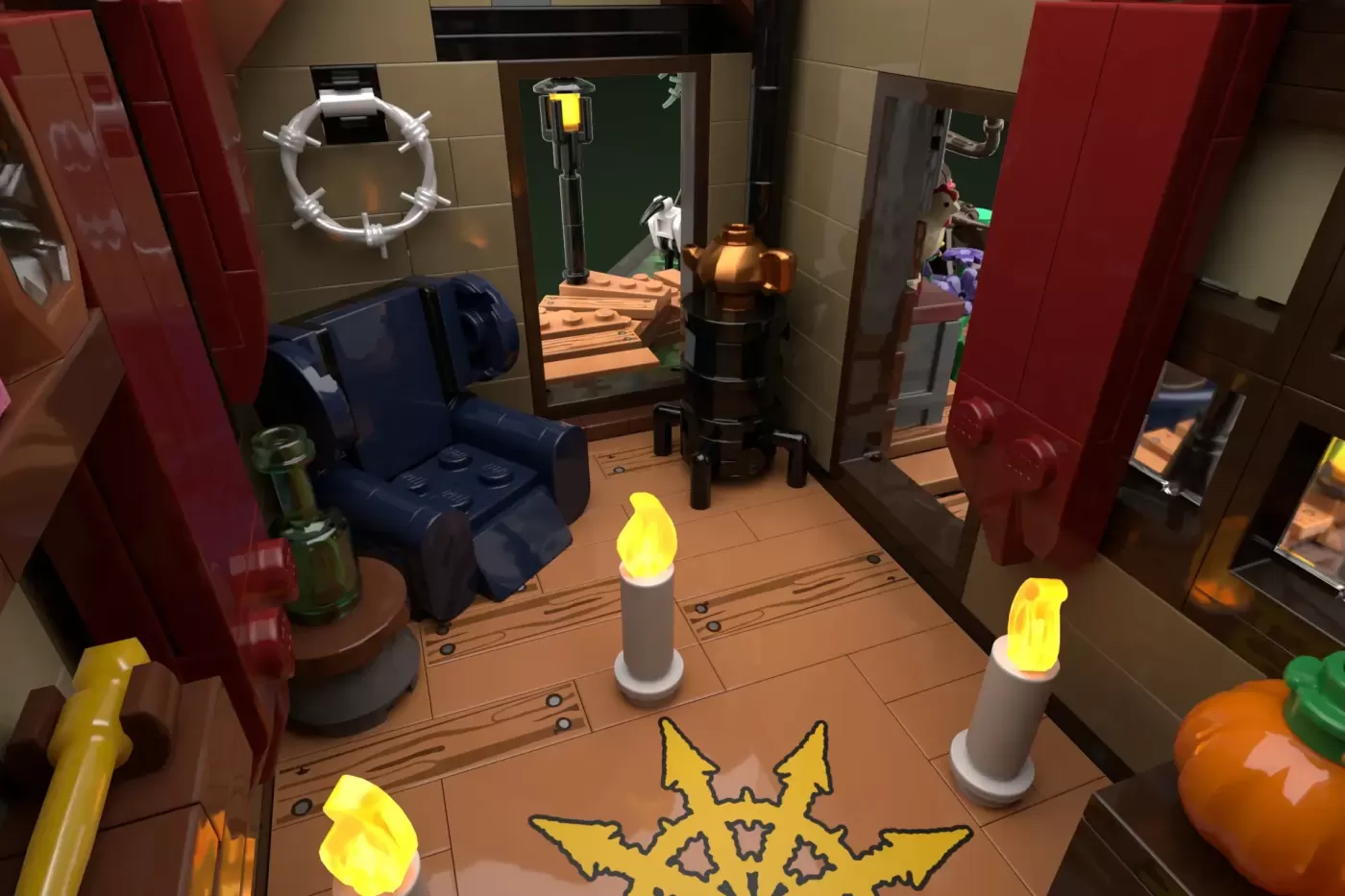 LEGO bayou room with glowing lanterns, blue armchair, wooden flooring, and yellow star decoration on floor.