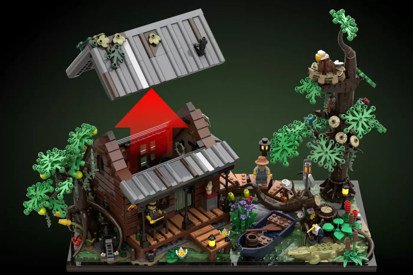 LEGO bayou scene with wooden house, red roof, minifigures, tree house, magical green foliage, and swamp details.