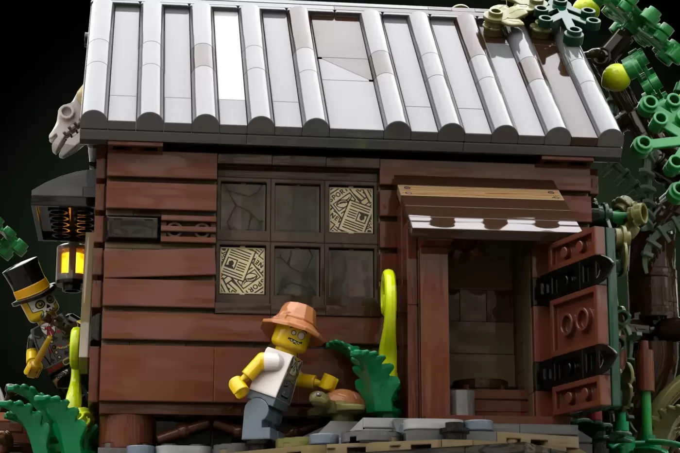 LEGO bayou house with brown wooden facade, white shuttered roof, minifigure in hat, green swamp creatures and vegetation.