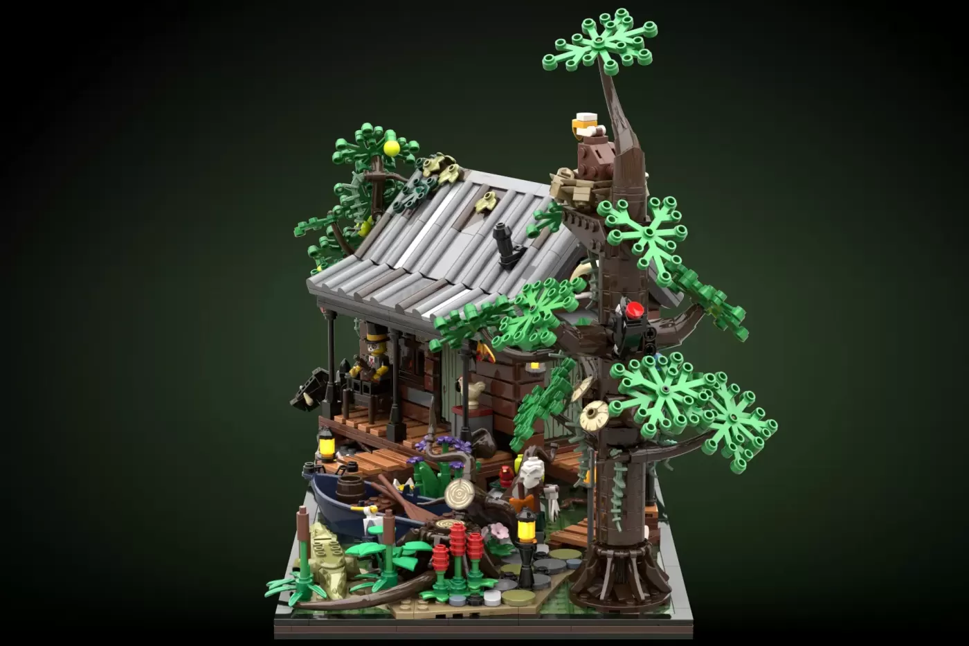 LEGO bayou cottage with bright green glowing trees, brown wooden structure, minifigures, and swamp creatures on display base.