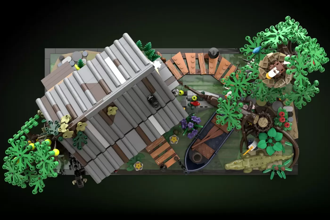 LEGO bayou swamp build with wooden house, boat, vegetation, and decorative critters viewed from above.