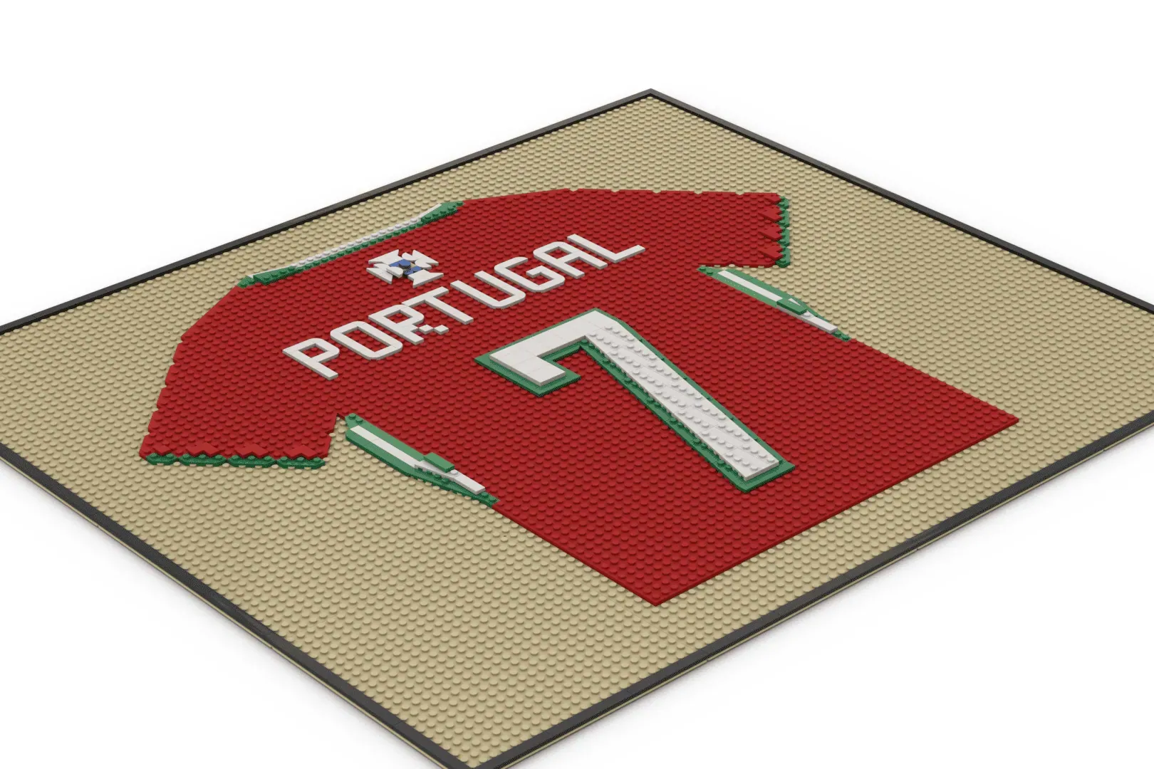 Red LEGO Portugal football jersey with "PORTUGAL" text and green trim on tan baseplate.