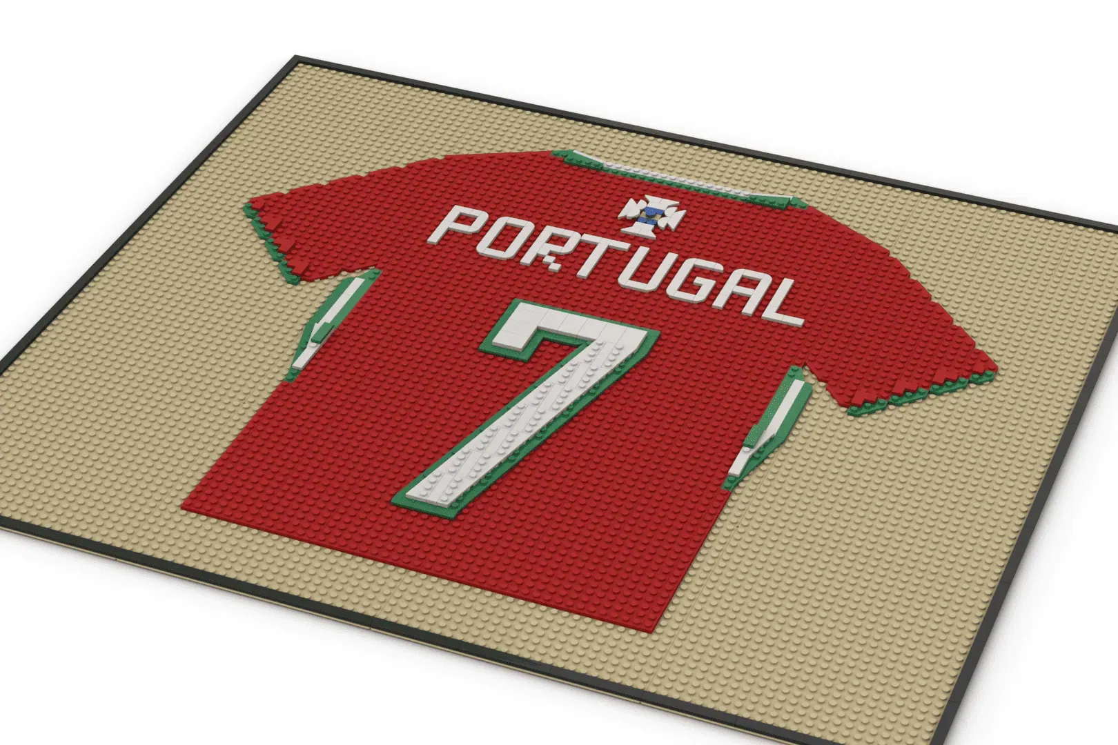 LEGO Portugal football jersey #7 in red and green on tan baseplate with minifigure accessories.