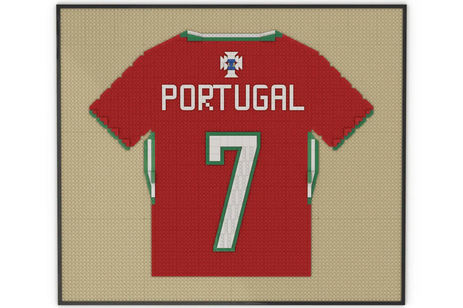 LEGO Portugal football jersey number 7 displayed in a frame with red and green colors and white numbering.