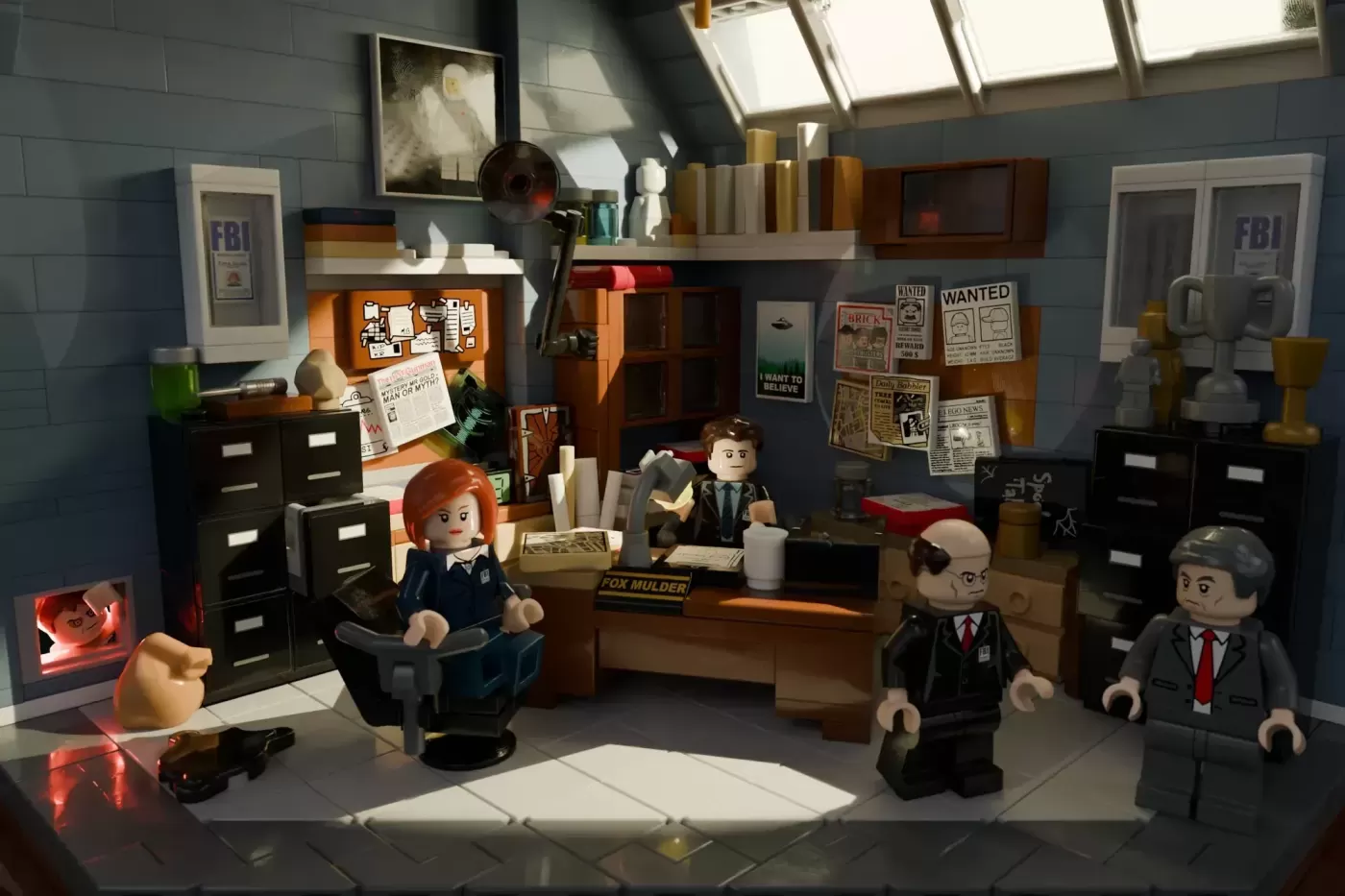 LEGO X-Files set featuring Mulder's basement office with minifigures, desk, filing cabinets, and iconic posters on blue wa…