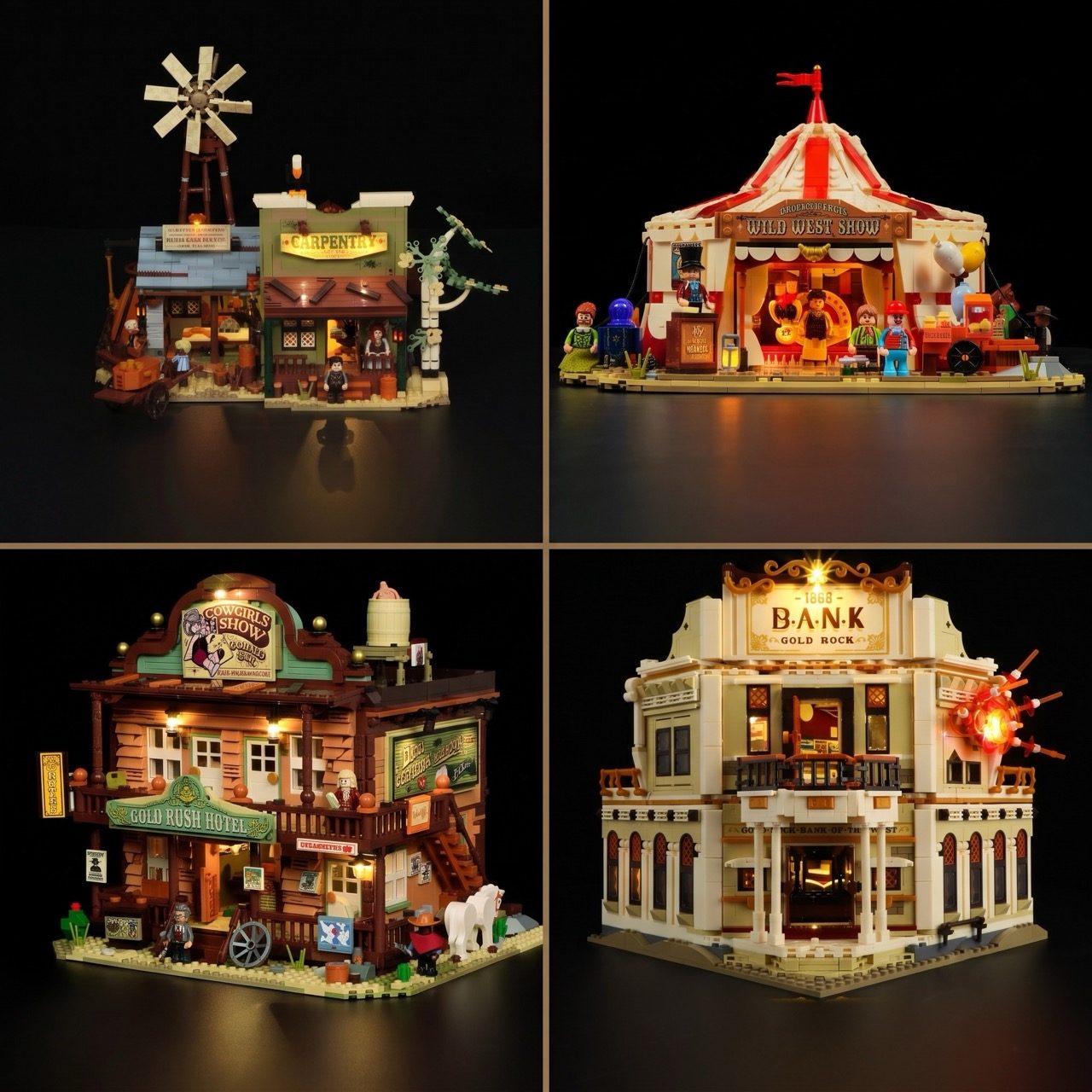 Four illuminated LEGO Old West buildings: saloon, circus tent, hotel, and bank with minifigures and detailed architectural…