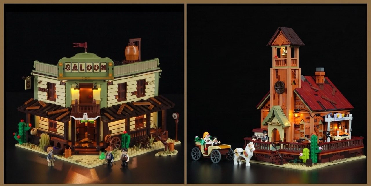 Two illuminated LEGO Old West buildings: a saloon on the left and a church with tower on the right, complete with minifigu…