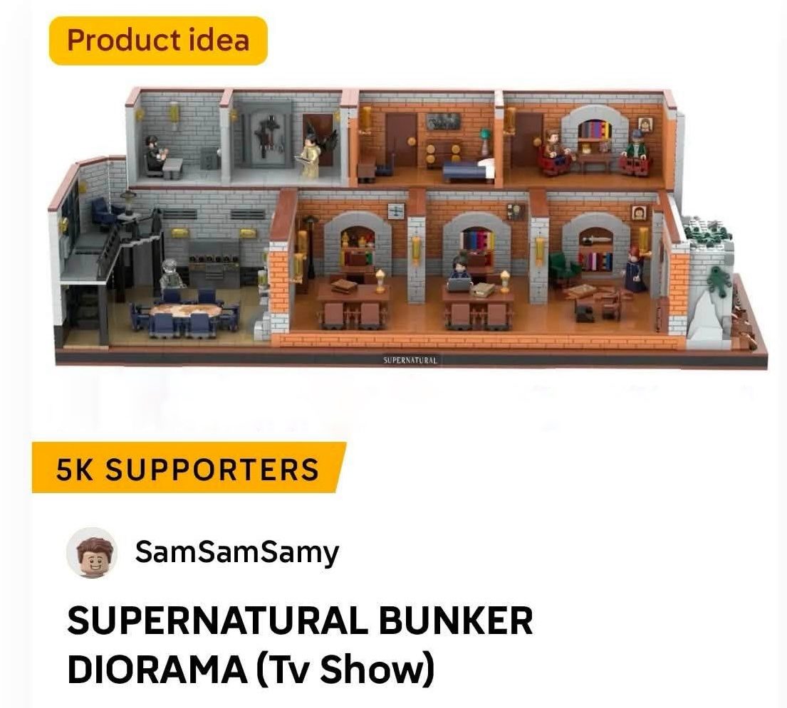 LEGO Supernatural Bunker diorama with multiple rooms, minifigures, and detailed interior furnishings across two levels.