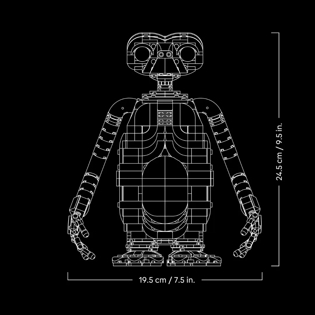 LEGO 21370 E.T. buildable figure with glowing heart, shown in technical blueprint style with dimensions.